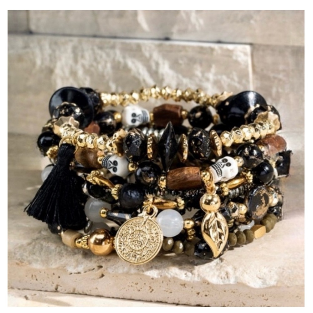💝Boutique 💀Skull Beaded Multi Strand Stretch Bracelet Set🖤